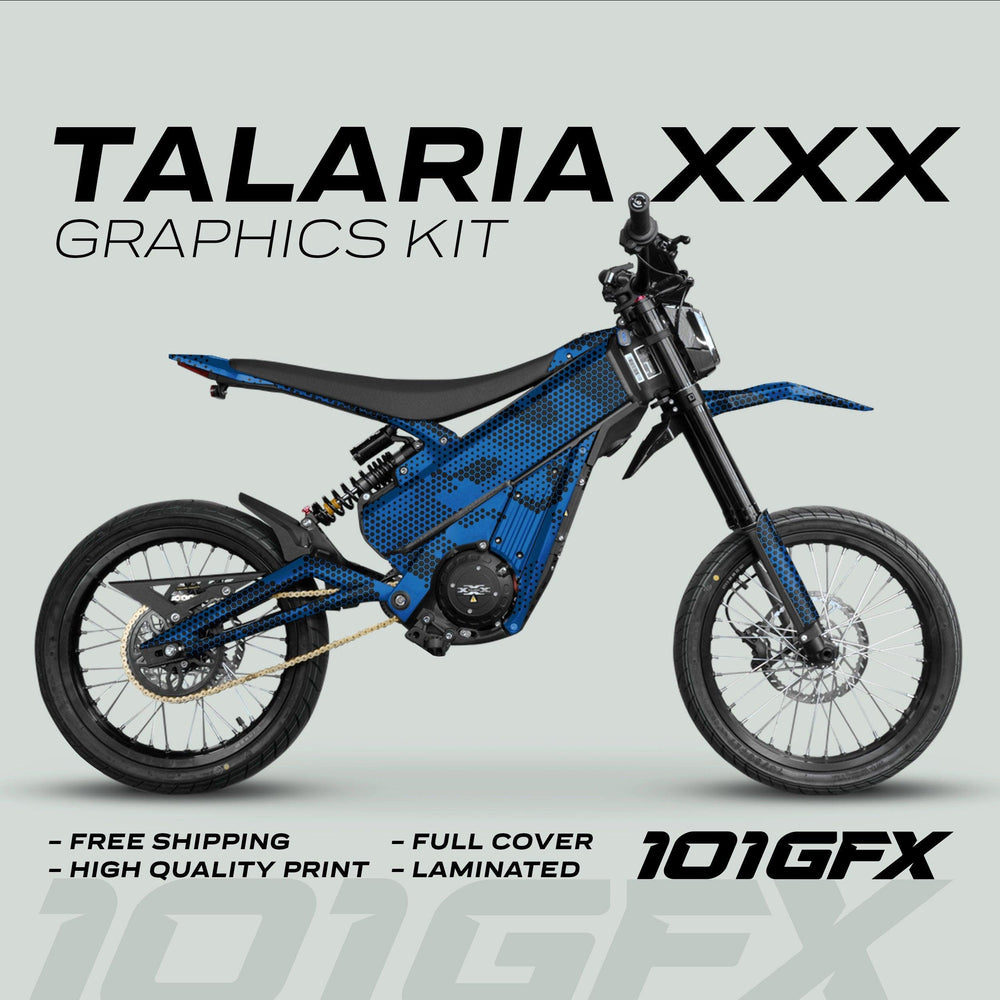 Talaria XXX Graphics Kit HEXOCAM Blue on electric bike, showcasing blue-black dotted decals on frame, fenders, and fork guards, emphasizing style and protection.
