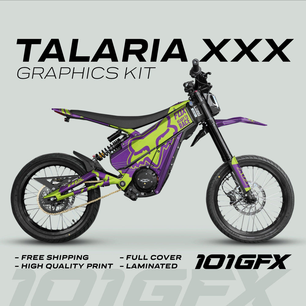 Talaria XXX Graphics Kit FOX STRIPES Purple Green on a Talaria XXX bike; features full-cover laminated decals, FOX Ready to Race branding, highlighting durability and style.