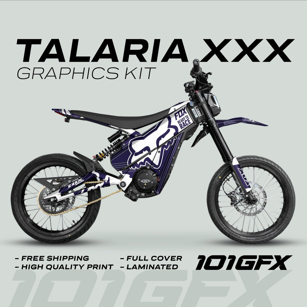 Talaria XXX Graphics Kit FOX STRIPES Navy White on electric dirt-bike, featuring bold Fox decals, full-cover protection, and quality print. Includes free shipping and 101GFX logo.