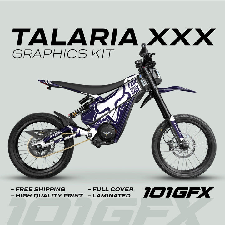 Talaria XXX Graphics Kit FOX STRIPES Navy White on electric dirt-bike, featuring bold Fox decals, full-cover protection, and quality print. Includes free shipping and 101GFX logo.