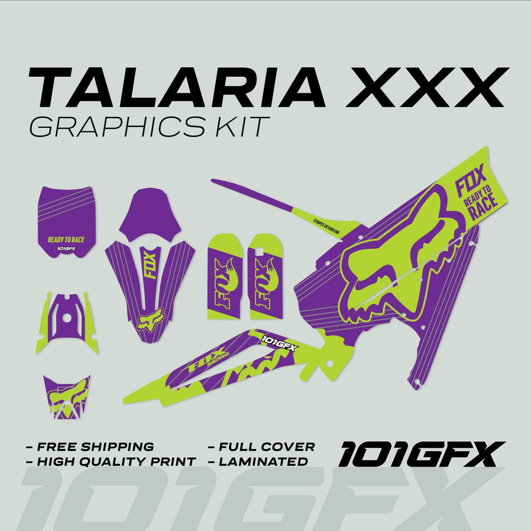 Talaria XXX Graphics Kit FOX STRIPES Purple Green laid out, showing full decal set for motocross bike with promotional highlights: free shipping, high quality, full cover, laminated.