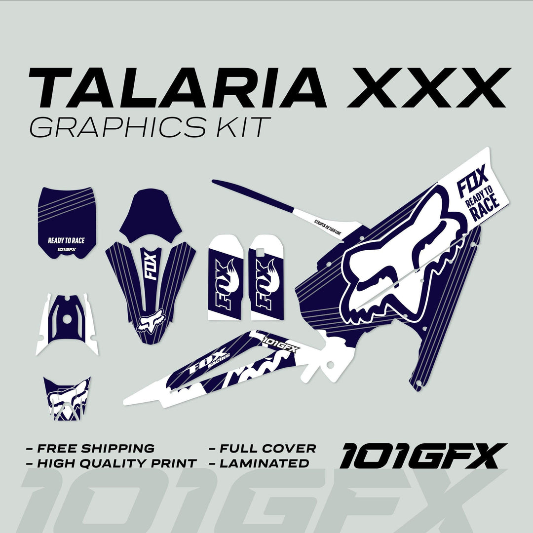 Talaria XXX Graphics Kit FOX STRIPES Navy White, featuring vinyl decals including frame covers, fork-leg protectors, and branding elements, displayed in an exploded view.