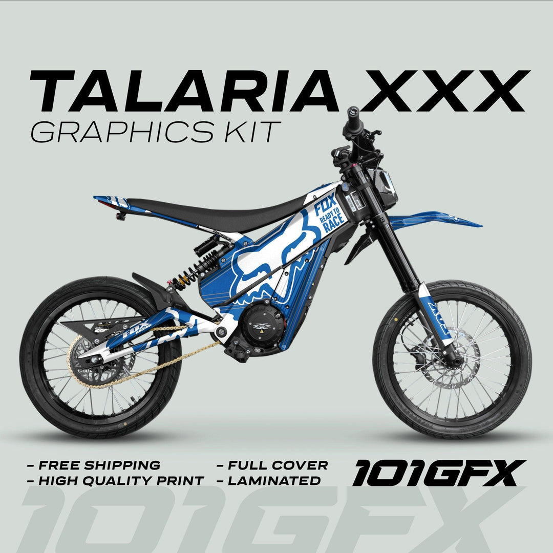 Talaria XXX Graphics Kit FOX STRIPES Blue White displayed on an electric dirt bike, featuring vibrant design, high-quality print, and full cover with free shipping.