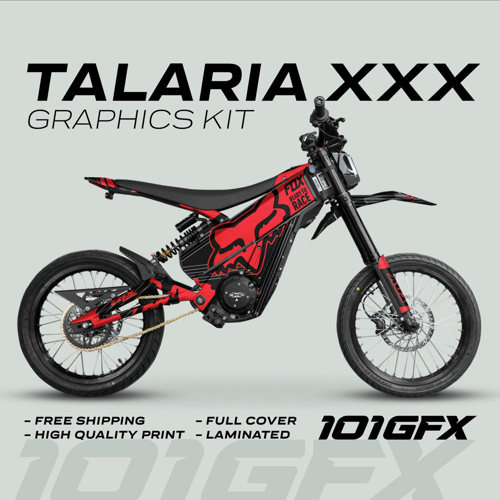 Talaria XXX Graphics Kit FOX STRIPES Black Red on a dirtbike, featuring bold red panels and FOX logos, highlighting free shipping and high-quality, durable design benefits.