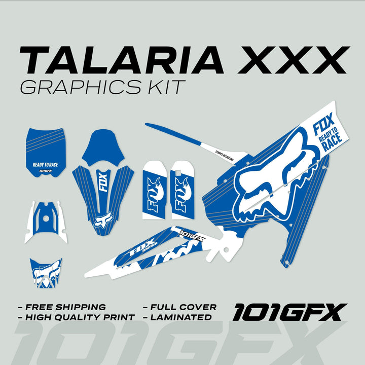 Talaria XXX Graphics Kit FOX STRIPES Blue White, showing die-cut vinyl decals with FOX and 101GFX branding, highlighting full cover, free shipping, high-quality print, and laminated features.