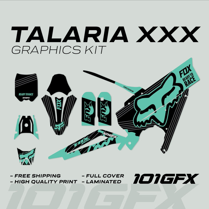Talaria XXX Graphics Kit FOX STRIPES Black Mint showing individual vinyl decals: fender, fork, shroud, swingarm, and accent pieces, offering durable, stylish bike enhancement.