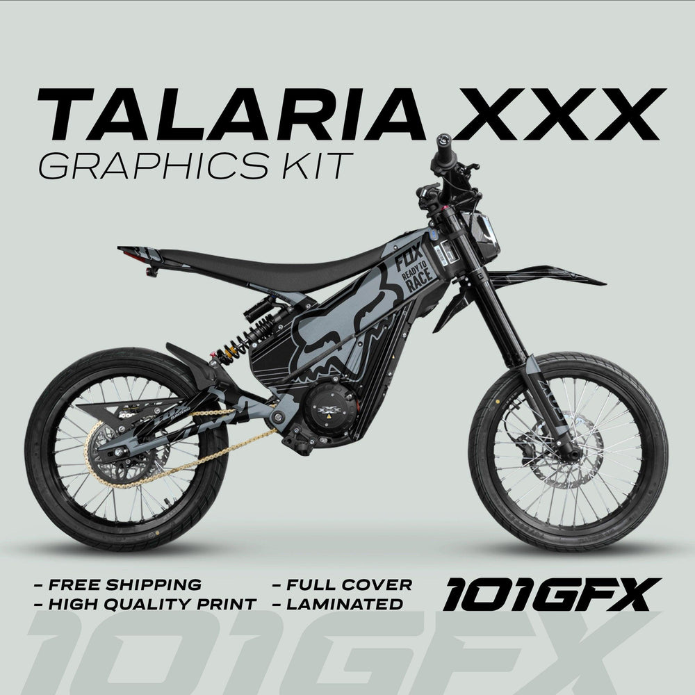 Talaria XXX Graphics Kit FOX STRIPES Black Grey on electric dirt-bike, showcasing black-grey Fox design, full coverage, high-quality print, laminated finish, emphasizing durability and easy application.