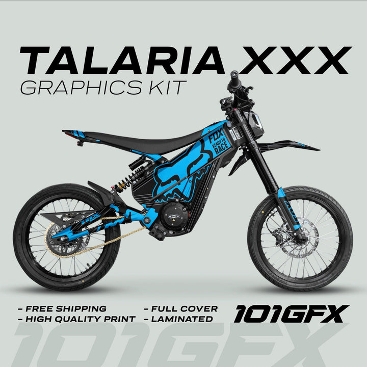 Talaria XXX Graphics Kit FOX STRIPES Black Cyan on an electric dirt bike, featuring FOX logo, key selling points, and 101GFX branding, side-profile view.