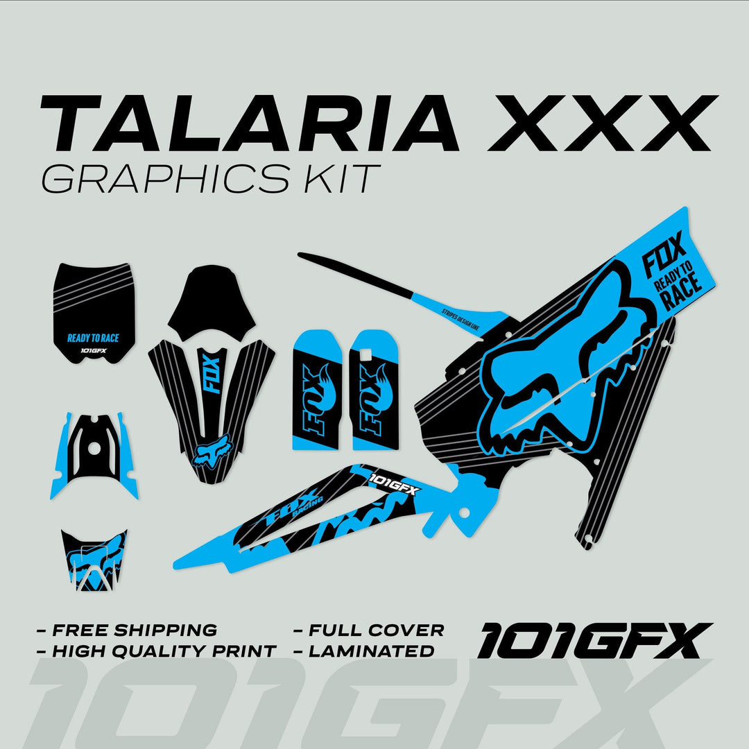 Talaria XXX Graphics Kit FOX STRIPES Black Cyan decals laid out with labels for bike parts; includes FOX logos, highlighting free shipping, high-quality print, full coverage, laminated finish.