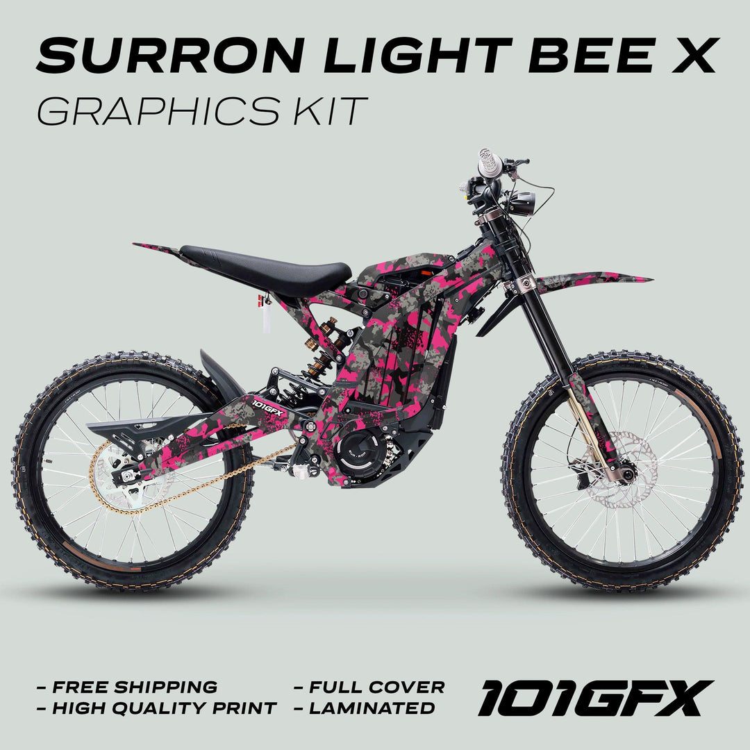 Surron Light Bee X with SPLAT CAMO Purple graphics kit; pink-grey camo design, high-quality laminated decals, showcased by 101GFX for stylish and durable bike customization.