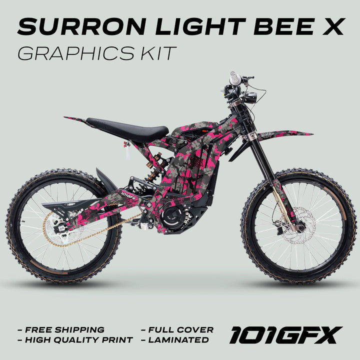 Surron Light Bee X with SPLAT CAMO Purple graphics kit; pink-grey camo design, high-quality laminated decals, showcased by 101GFX for stylish and durable bike customization.