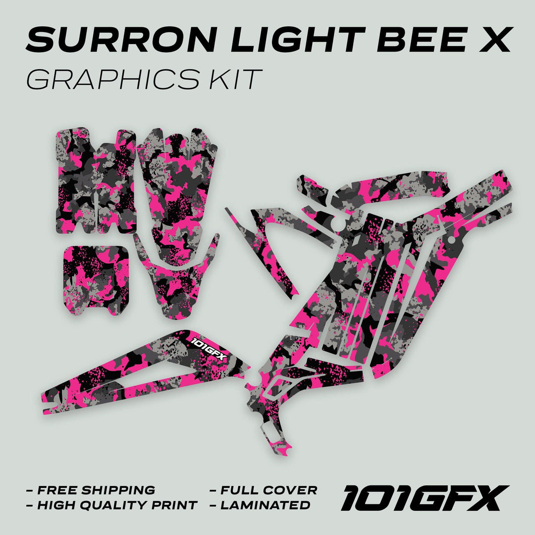 Surron Light Bee X Graphics Kit SPLAT CAMO Purple laid out, showing precut vinyl decals for dirt bike, featuring pink/black/gray camo pattern with promotional text.