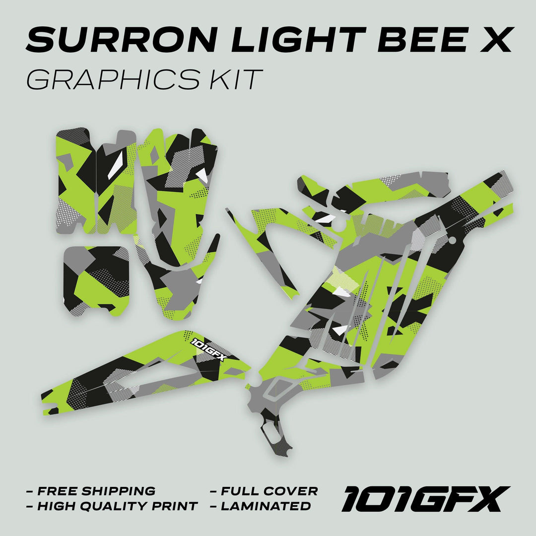 Surron Light Bee X Graphics Kit GEOTECH Green shown in camo pattern, highlighting Free Shipping, High Quality Print, Full Cover, and Laminated, with 101GFX logo.
