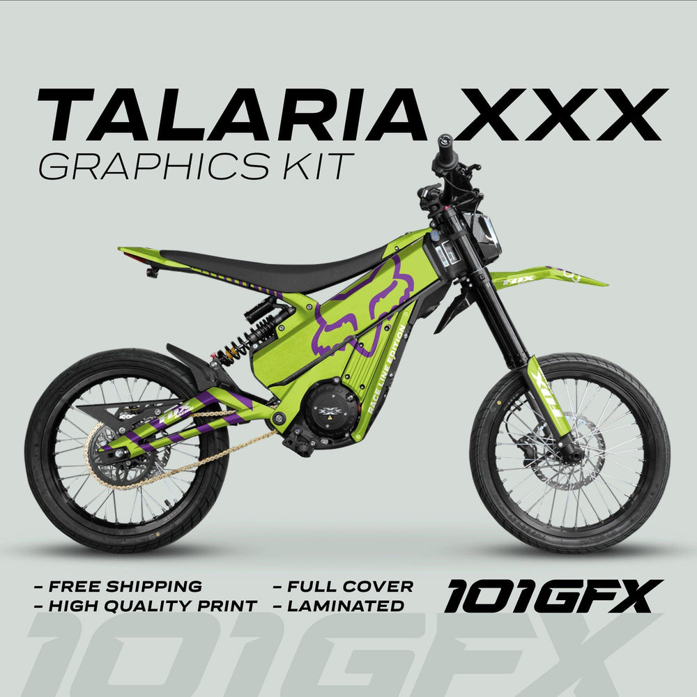 Talaria XXX Graphics Kit FOX RACELINE Green Purple on an electric off-road bike, showcasing vibrant decals, free shipping, high-quality print, full cover, laminated finish.
