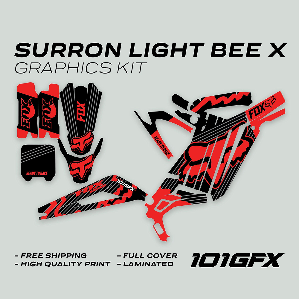 Surron Light Bee X Graphics Kit FOX STRIPES BLACK Red, showcasing red-and-black vinyl pieces for a complete bike aesthetic transformation.