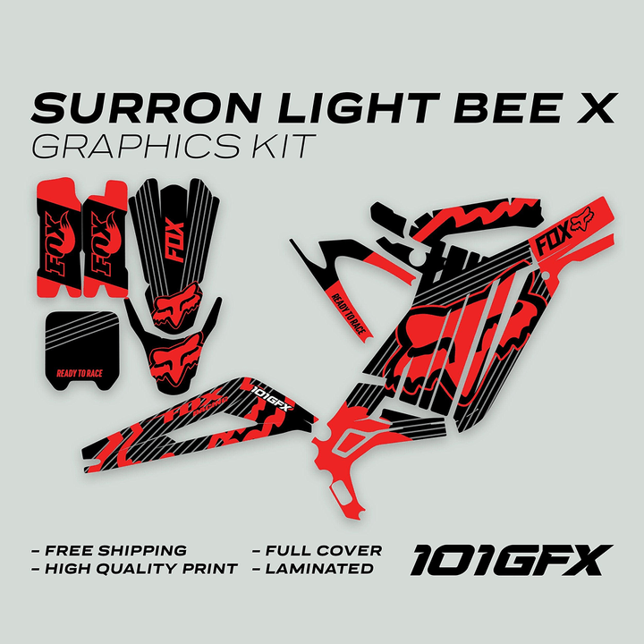 Surron Light Bee X Graphics Kit FOX STRIPES BLACK Red, showcasing red-and-black vinyl pieces for a complete bike aesthetic transformation.