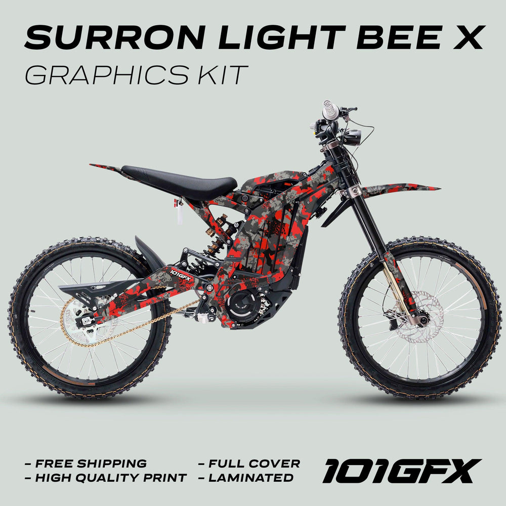 Surron Light Bee X Graphics Kit SPLAT CAMO Red on bike, featuring laminated camo wrap on frame and fenders, highlighting free shipping and high-quality protection.
