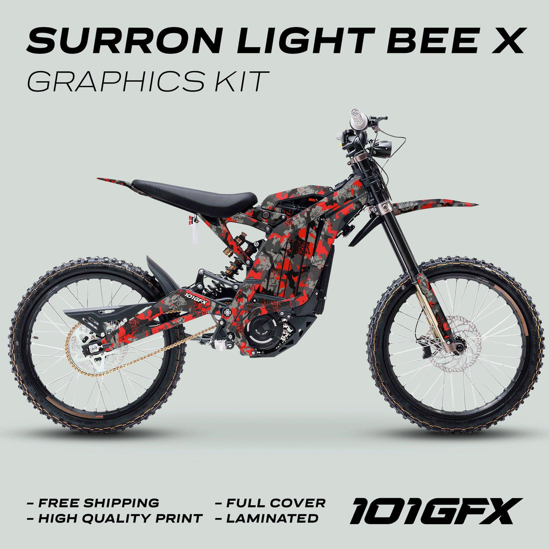 Surron Light Bee X Graphics Kit SPLAT CAMO Red on bike, featuring laminated camo wrap on frame and fenders, highlighting free shipping and high-quality protection.