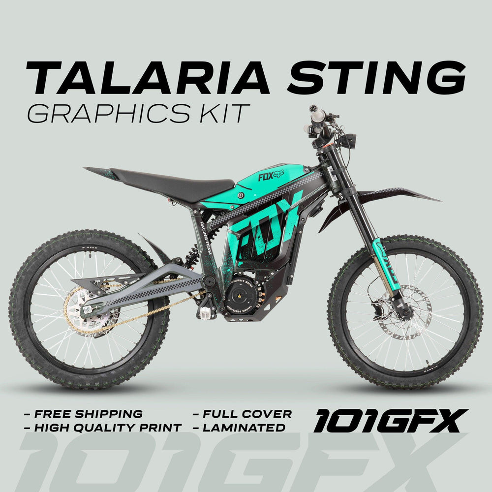 Talaria Sting MX3 MX4 Graphics Kit FOX DUST Black Mint on off-road electric bike, featuring teal/black wrap with FOX logo, promoting free shipping and high-quality print.