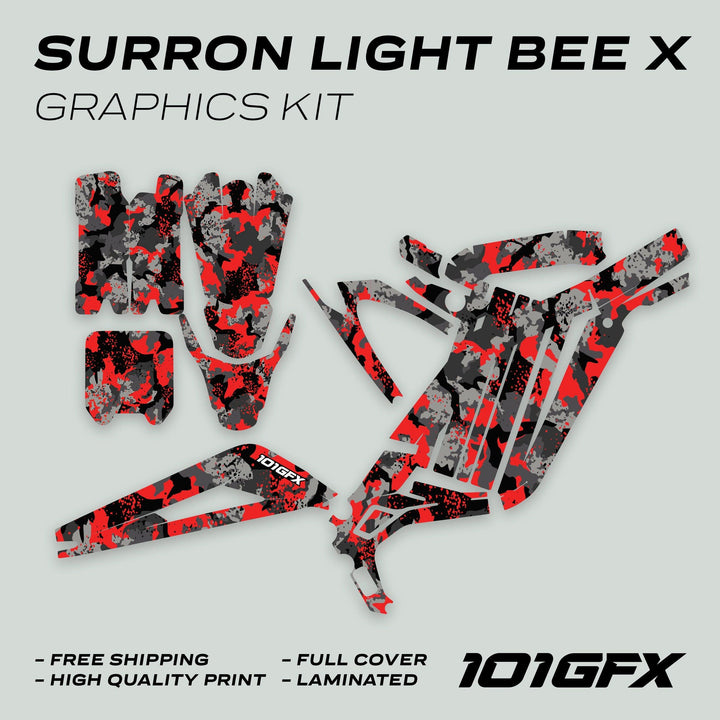 Vinyl decal kit for Surron Light Bee X, featuring red/black/grey camo-splatter pattern, includes fork guards and frame pieces; promotes “free shipping,” “high quality print,” and “laminated.”