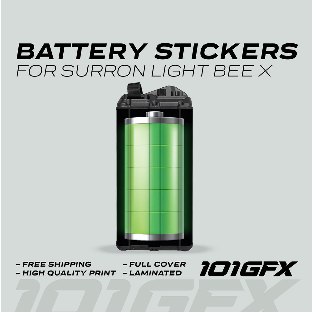 Surron Light Bee X Battery Stickers BATTERY 3D on pack with green icon; highlights features like free shipping, high quality, full cover, laminated by 101GFX.