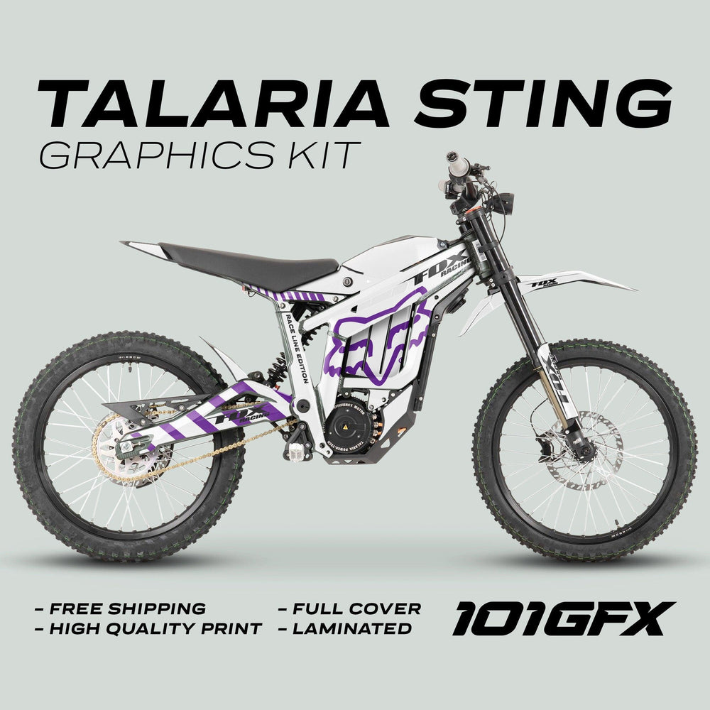 Talaria Sting MX3 MX4 Graphics Kit in white and purple on a dirt-bike, highlighting its FOX Raceline design and durability features like high-quality print and laminated finish.