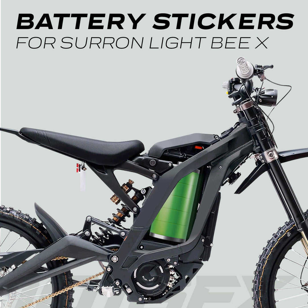 Surron Light Bee X Battery Stickers BATTERY 3D displayed on a bike, highlighting sleek design and protective features for enhancing aesthetics and durability.