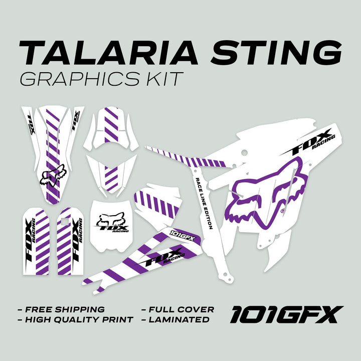 Talaria Sting MX3 MX4 Graphics Kit FOX Raceline features white decals with purple stripes and FOX logos, promoting durability, easy installation, and vibrant design.