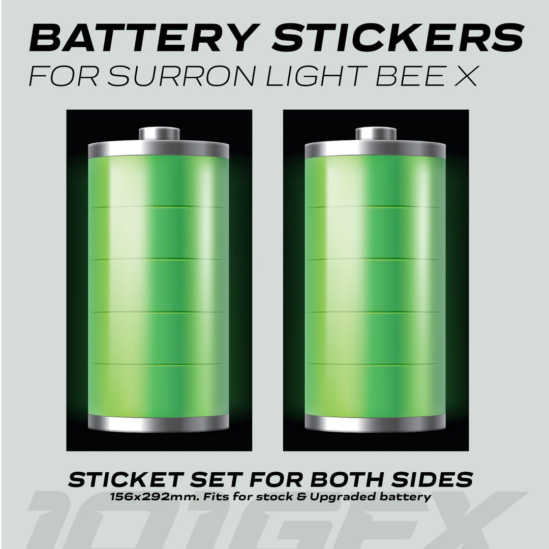 Surron Light Bee X Battery Stickers BATTERY 3D; two green battery-icon decals for both sides, 156x292mm, designed for durability and easy application.