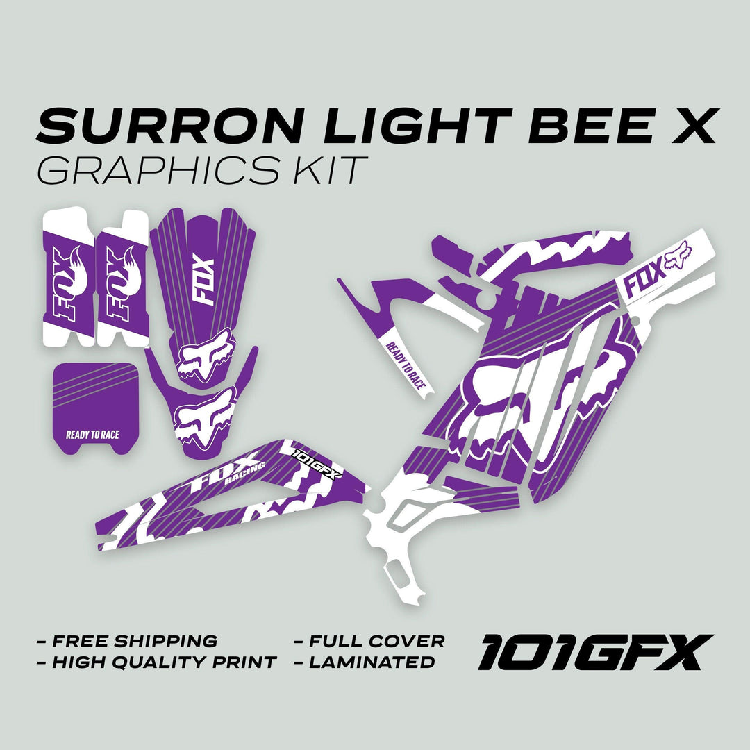 Surron Light Bee X Graphics Kit FOX STRIPES PURPLE White featuring purple-and-white decals with Fox Racing logo, READY TO RACE text, highlighting free shipping and high-quality print.