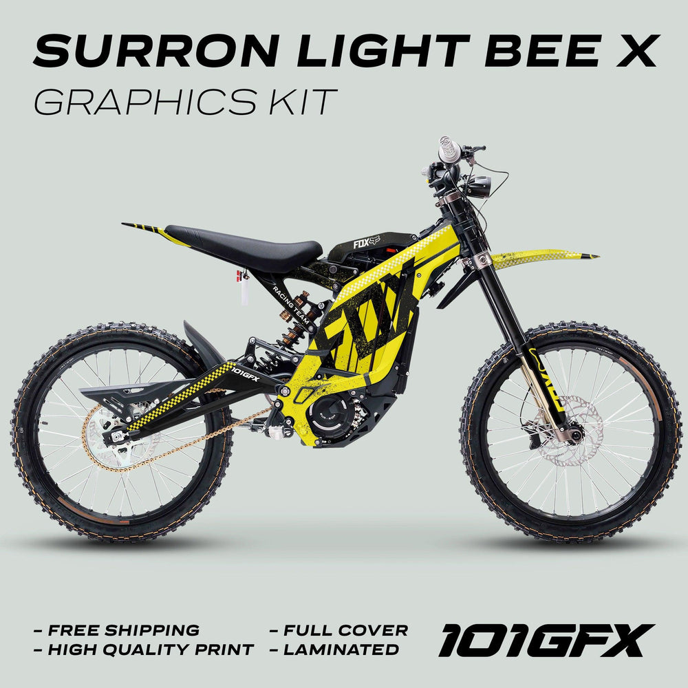 Surron Light Bee X Graphics Kit FOX DUST Yellow Black on bike, highlighting features: free shipping, high-quality, full cover, laminated; 101GFX branding present.