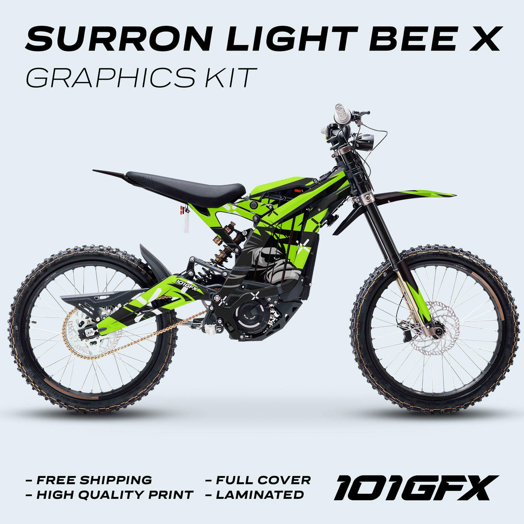 Surron Light Bee X Graphics Kit CRAZY MONKEY Green; full-cover green-and-black decals on electric dirt bike, featuring durability, high-quality print, and seamless fit. 101GFX logo shown.