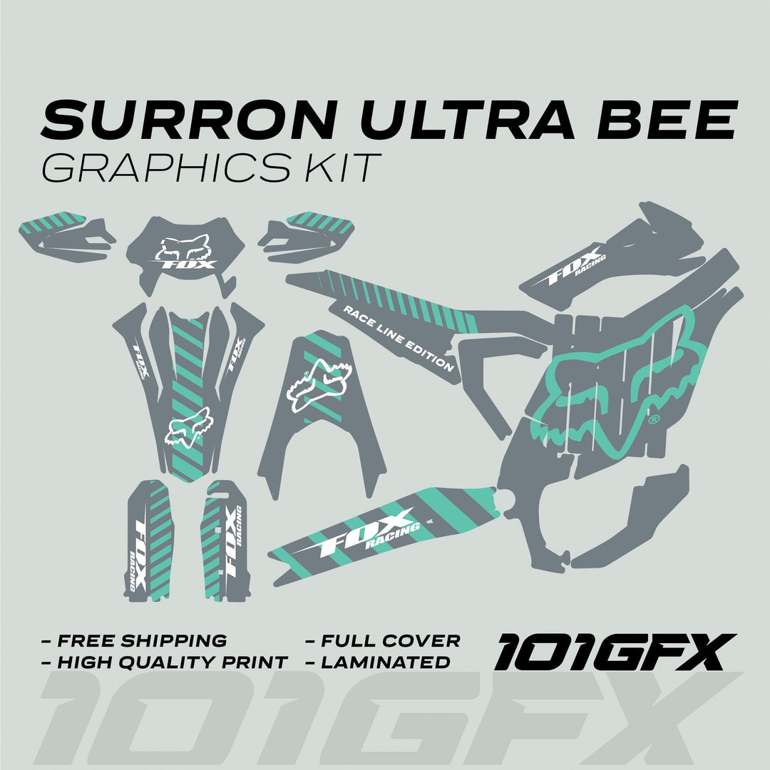 Surron Ultra Bee Graphics Kit FOX RACE LINE Grey Mint decals, including fenders and side panels, displayed with features: free shipping, high-quality print, full cover, laminated.