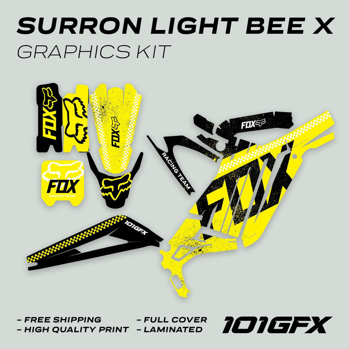 Surron Light Bee X Graphics Kit FOX DUST Yellow Black: vinyl decals with Fox Racing logos, featuring fork guards, side-panel covers, swingarm decals, and more, promoting durability and style.