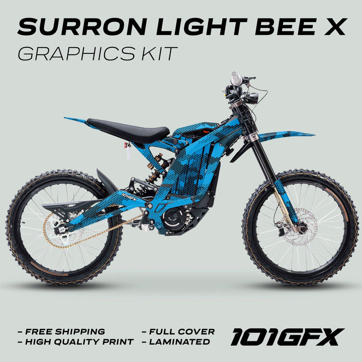 Surron Light Bee X Graphics Kit HEXOCAM Cyan, featuring a blue dot-pattern wrap, showcased on the bike with highlights: free shipping, high-quality, full cover, laminated.