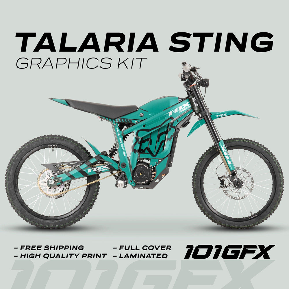 Talaria Sting MX3 MX4 Graphics Kit FOX Raceline Mint Black on a teal-and-black electric dirt bike, highlighting durability, full cover, and easy installation.