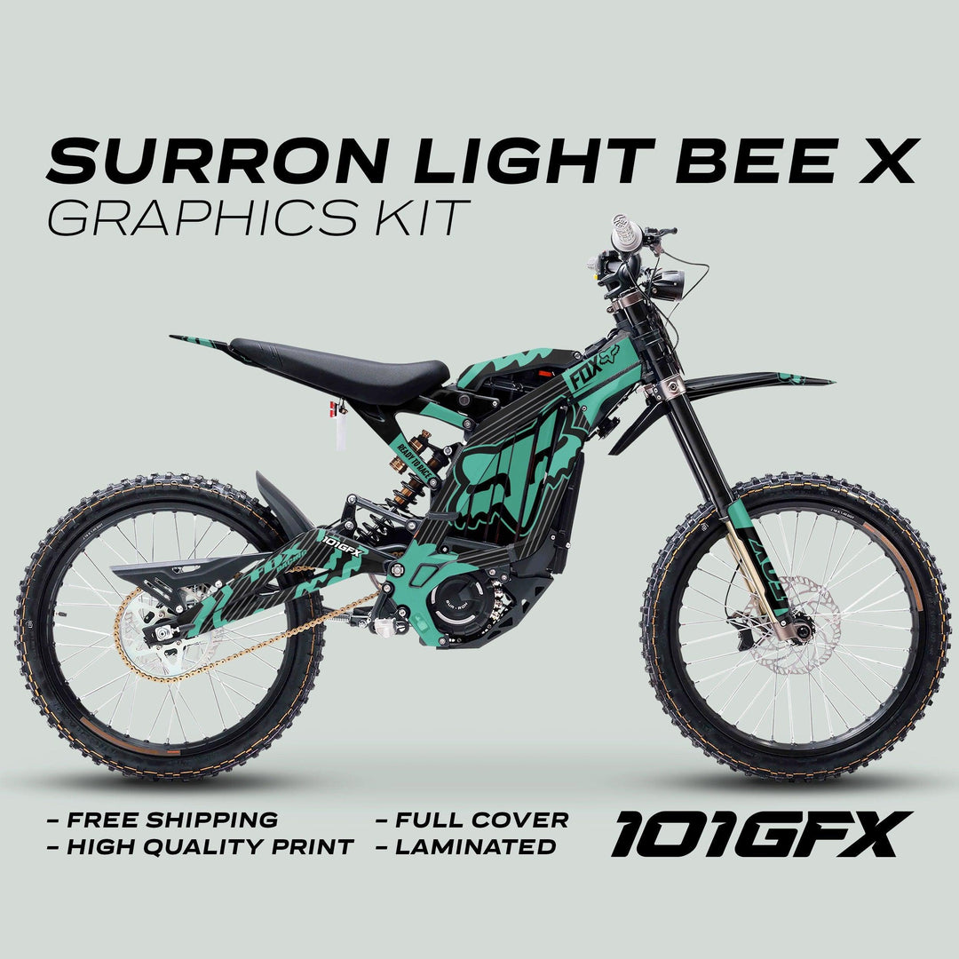 Surron Light Bee X Graphics Kit FOX STRIPES BLACK Mint on a bike, highlighting features like Free Shipping, High Quality Print, Full Cover, and Laminated.