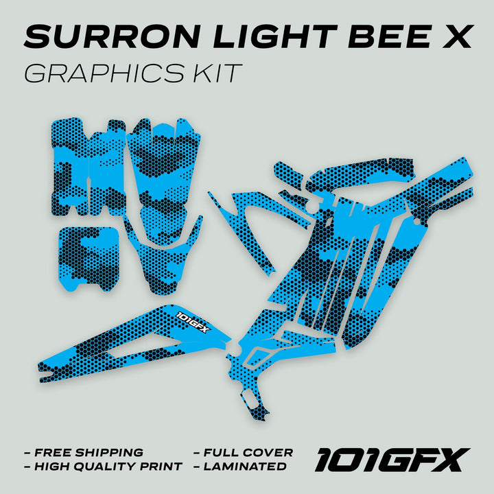 Surron Light Bee X Graphics Kit HEXOCAM Cyan shows a blue-black hex-pattern camo decal set, highlighting features like durability, custom fit, and an eye-catching design.