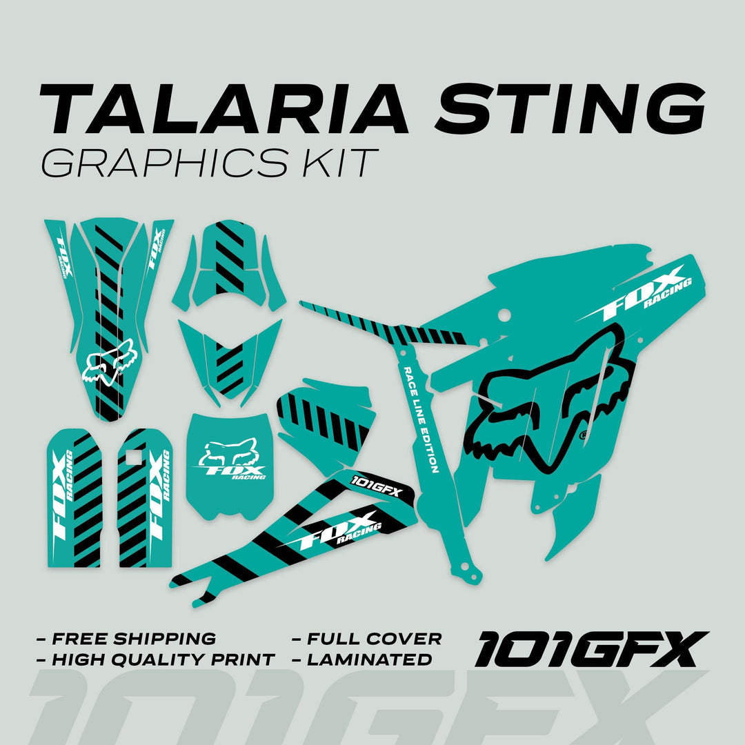 Talaria Sting MX3 MX4 Graphics Kit featuring teal-and-black decals with Fox Racing logos, including front fender, shrouds, and side plates, offers easy installation and durability.