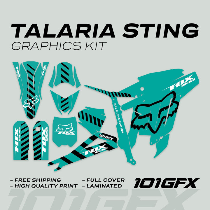 Talaria Sting MX3 MX4 Graphics Kit featuring teal-and-black decals with Fox Racing logos, including front fender, shrouds, and side plates, offers easy installation and durability.