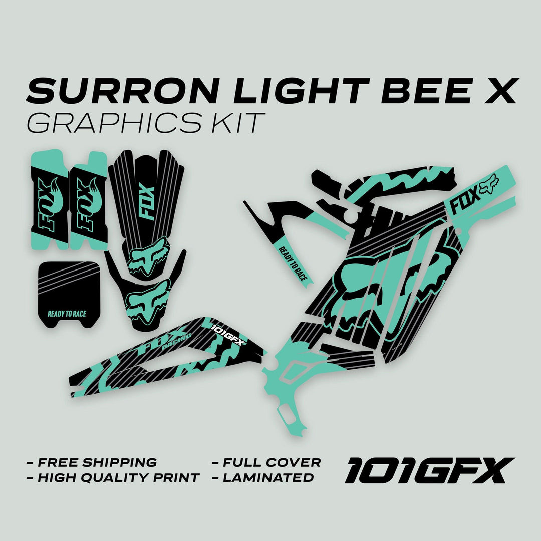 Surron Light Bee X Graphics Kit FOX STRIPES BLACK Mint featuring black and teal decals, branded FOX and Ready to Race, highlighting durability and easy installation.