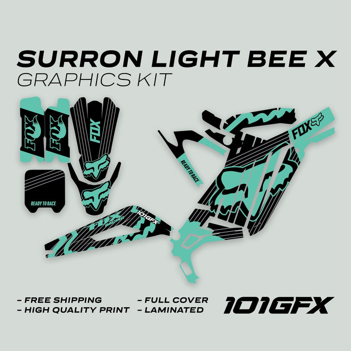 Surron Light Bee X Graphics Kit FOX STRIPES BLACK Mint featuring black and teal decals, branded FOX and Ready to Race, highlighting durability and easy installation.