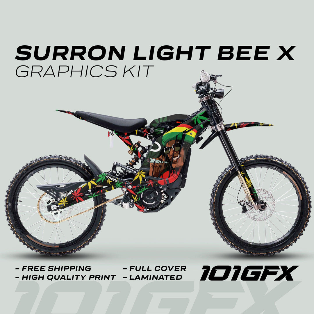 Surron Light Bee X Graphics Kit Stickers Cannabis Style features Rasta-themed decals with cannabis motifs, offering full coverage, high-quality, laminated finish, and free shipping.