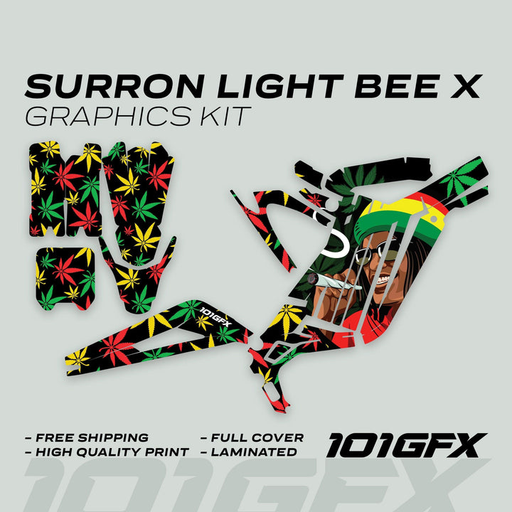 Sur Ron Light Bee X Graphics Kit Stickers Cannabis Style Red Green Yellow features pre-cut vinyl wraps with cannabis motifs and Rasta character, highlighting free shipping and quality.