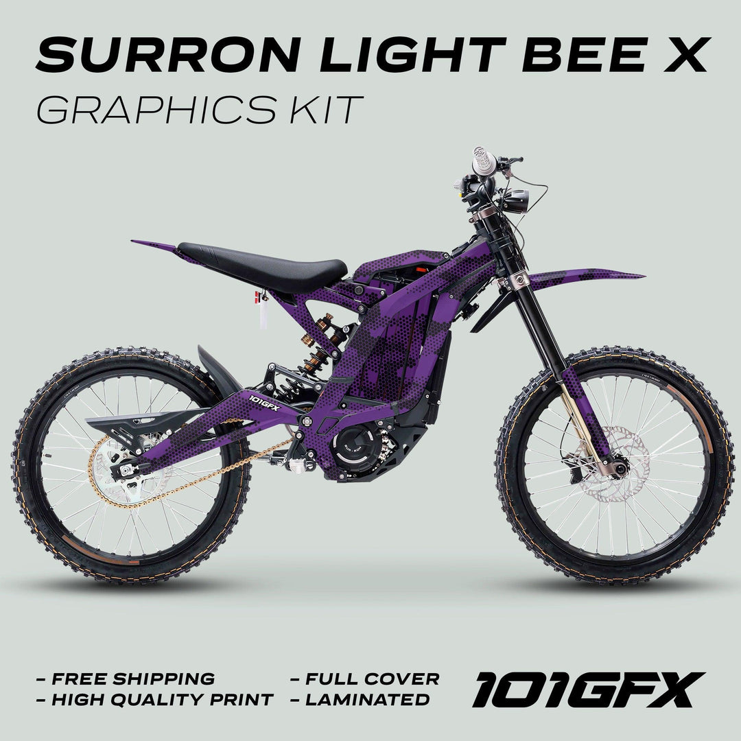Surron Light Bee X Graphics Kit HEXOCAM Purple on electric dirt-bike, showcasing full-cover decal, promoting customization, durability, and protection, with free shipping highlighted.