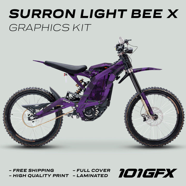 Surron Light Bee X Graphics Kit HEXOCAM Purple on electric dirt-bike, showcasing full-cover decal, promoting customization, durability, and protection, with free shipping highlighted.
