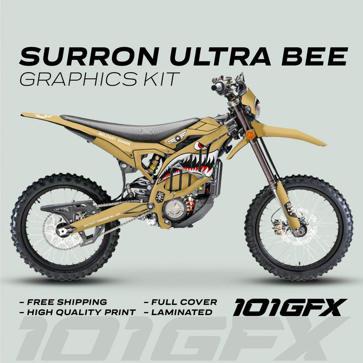 Surron Ultra Bee Graphics Kit MILITARY SHARK Sand army camouflage featuring a WWII-style shark-mouth design on side panels for a striking, protective aesthetic.