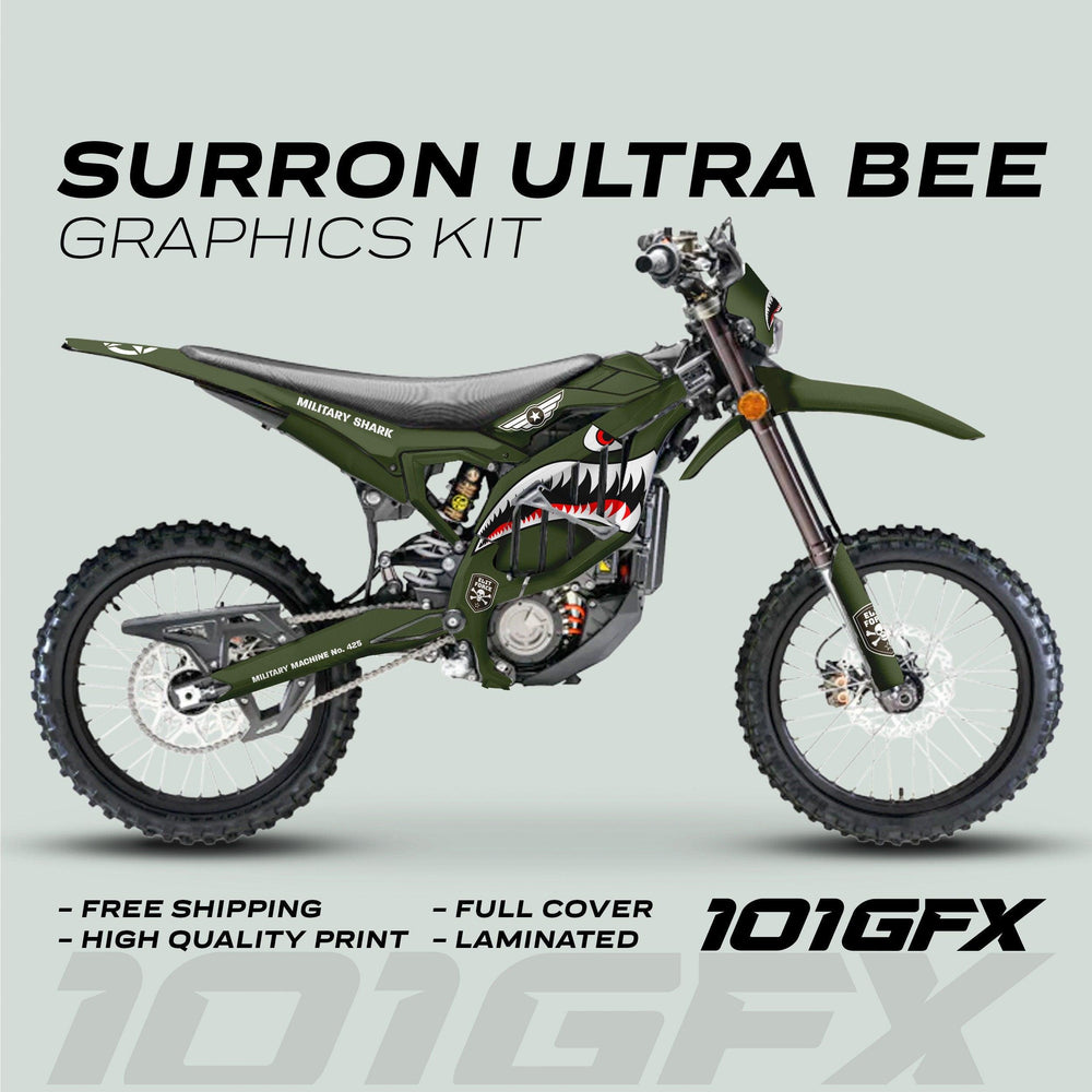 Sur-Ron Ultra Bee bike with Military Shark graphics kit, featuring shark teeth and military insignia. Highlights: free shipping, high-quality print, full coverage, and laminated finish.