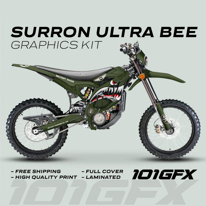Sur-Ron Ultra Bee bike with Military Shark graphics kit, featuring shark teeth and military insignia. Highlights: free shipping, high-quality print, full coverage, and laminated finish.