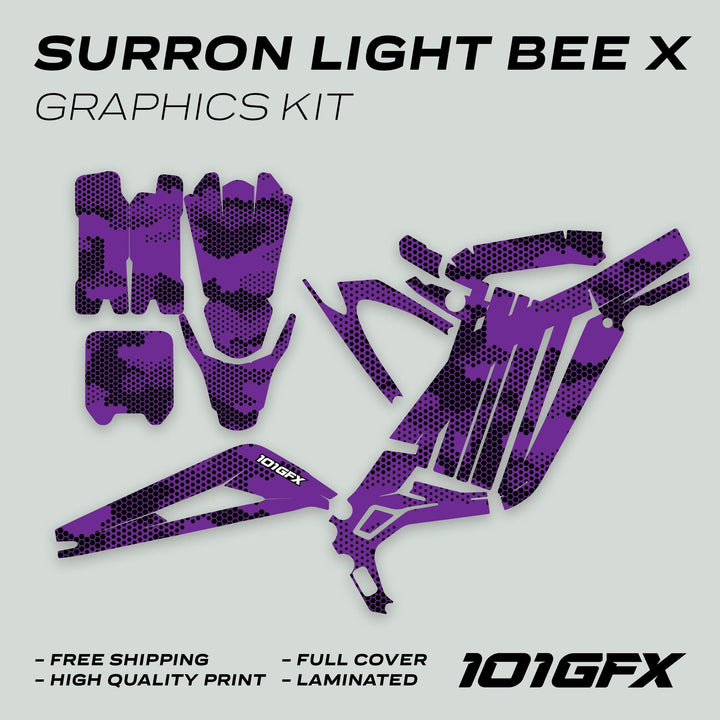 Surron Light Bee X Graphics Kit HEXOCAM Purple, featuring purple-and-black camo decals, precision-cut for perfect fit, includes free shipping, high-quality print, full cover, laminated.